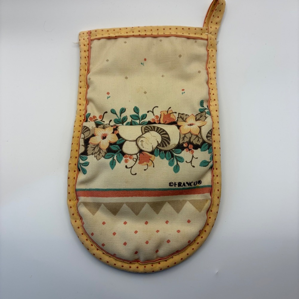 Vintage Franco Mushroom Floral Oven Mitt Yellow Polka Dot Cottagecore Retro‎